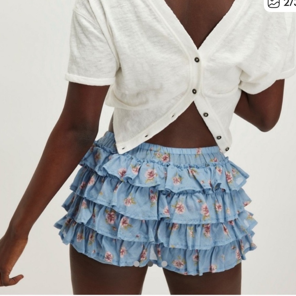 Free People Light Blue Floral Ruffle Shorts - Picture 2 of 7